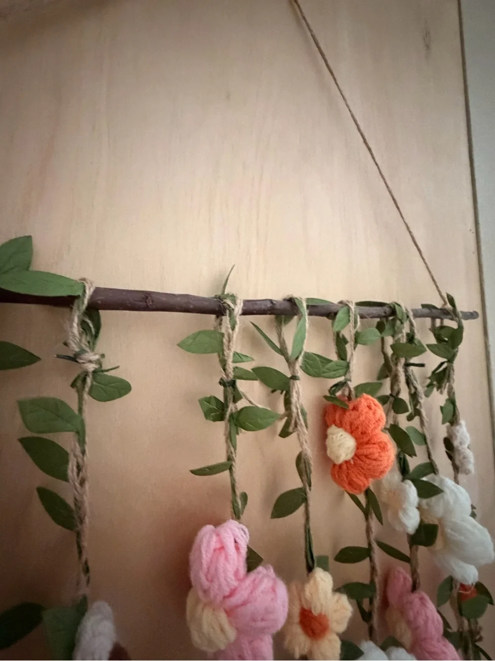 Boho style floral wall hanging with beautiful knit flowers with twine (set of 3)